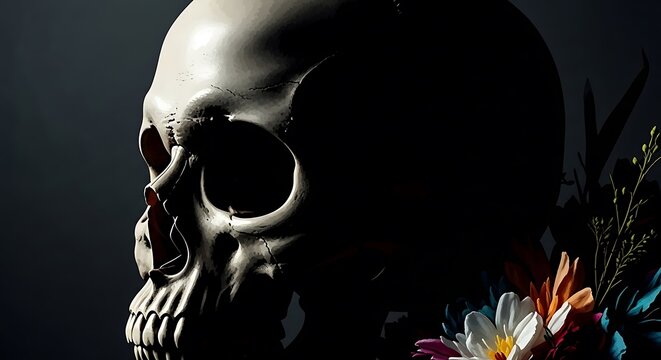 Dramatic skull portrait with vibrant floral arrangement in darkness