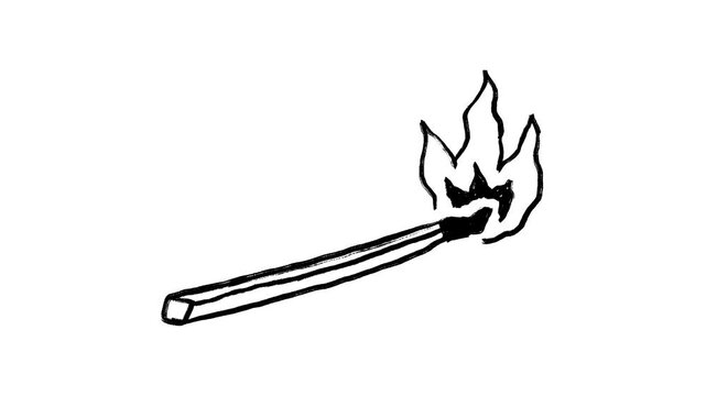 Burning match hand drawn animation, fire flame motion, lighting matchstick animated, heat spark doodle, glowing light sketch, campfire, hot video elements