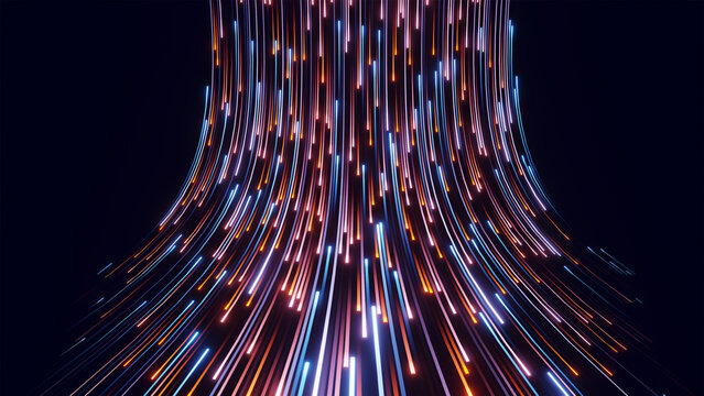 Digital data flow of glowing lines rising and bending on a dark background