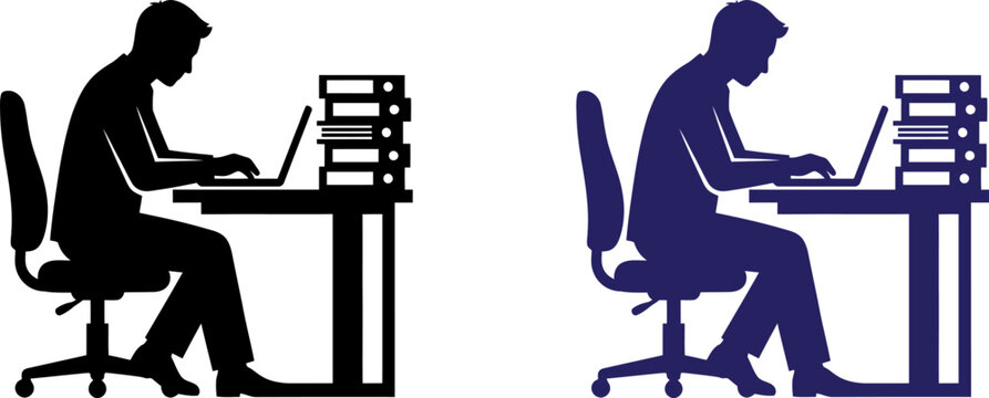 Silhouettes of business men working on laptops at desks with stacks of office folders