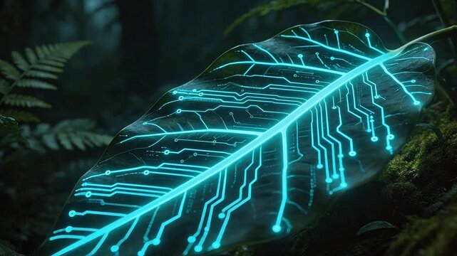 Leaf with glowing circuit patterns