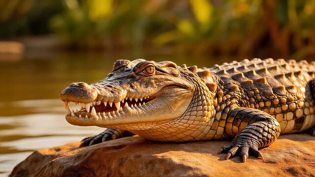 Crocodile resting on rock by water