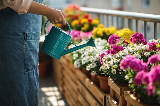 Close up of woman in denim overalls using teal watering can to tend to vibrant array of potted flowers on sunny balcony garden. High quality photo