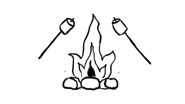 Campfire hand drawn animation, bonfire, roasting marshmallows, burning flame, campfire logs, outdoor camping, wood fire, hearth, summer camp motion graphics