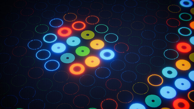 Digital screen displaying colorful glowing circle pixel patterns in retro arcade gaming style