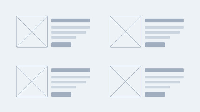 Four wireframe ui template cards with gray and white design on light blue background for web and mobile app development