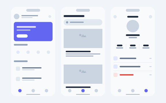 Smartphone screens with various app interface elements on white background for ui design
