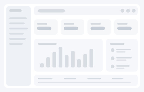 Wireframe dashboard skeleton with bar chart and ui elements on a clean white background for user interface design