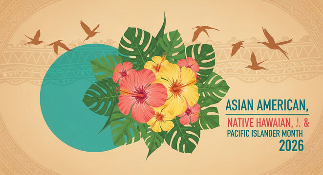 Tropical flowers and leaves with flying birds and tribal pattern representing Asian American, Native Hawaiian, and Pacific Islander Month 2026 celebration