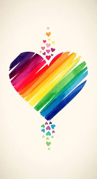 Watercolor heart with rainbow stripes and descending small hearts, symbolizing love, diversity, and Valentine's Day; on cream background with free space