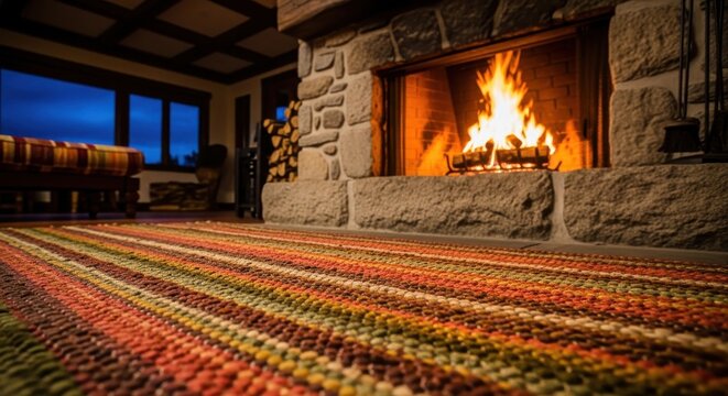 Thick woven rug in earthy tones placed before a stone fireplace with roaring flames, creating a cozy home interior.