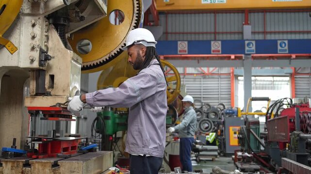 Manufacturing process in factory industrial setting video footage worker at machinery action-oriented concept