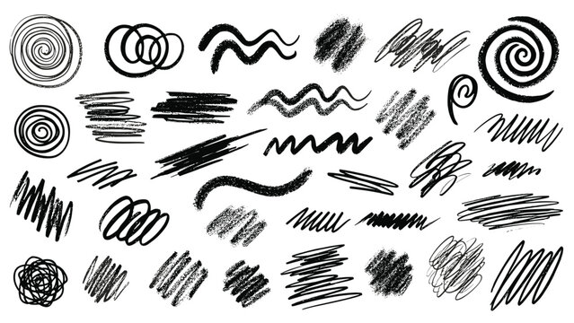 Large collection of hand drawn charcoal scribbles, spirals, and expressive brush strokes in black ink on a clean white paper surface.