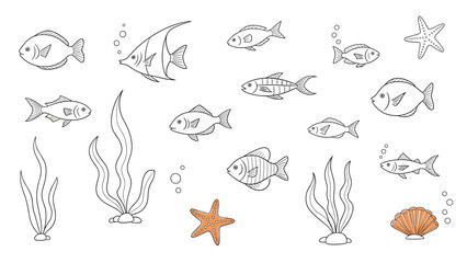 Obraz premium Collection of hand drawn undersea life including various fish, seaweed, starfish, and bubbles with orange accents for ocean themes.