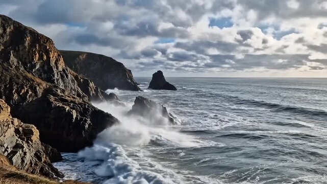 Dramatic panoramic vista of a rugged rocky coastline meeting the churning ocean under an overcast cloudy sky on a chilly winter afternoon at the wild seaside shore.