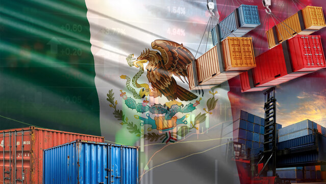Complex geopolitical fluctuations are impacting Mexico's imports, exports, and maritime trade. This is illustrated by shipping containers, the Mexican flag, and industrial forklifts 