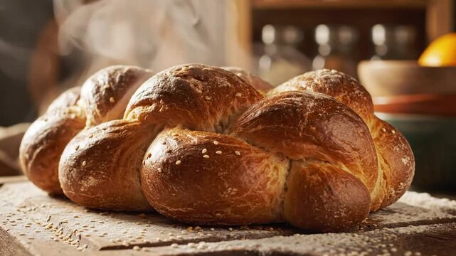 Freshly baked challah bread steaming on a rustic wooden board, ready for a delicious breakfast meal