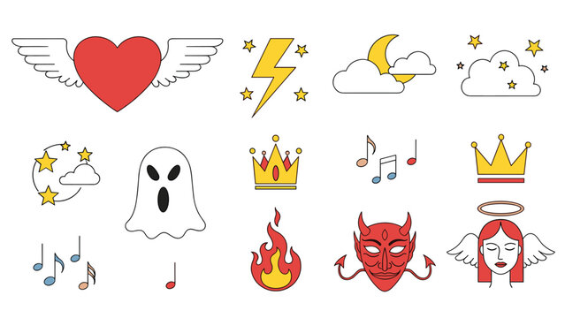 Playful collection of various cartoon icons features a winged heart, lightning bolt, ghost, crown, and red devil face.
