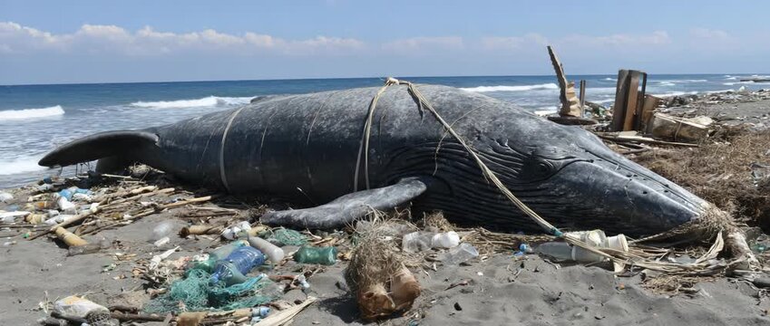 A stranded whale lies on a polluted beach, entangled in plastic waste, highlighting the devastating impact of ocean pollution on marine life. 
