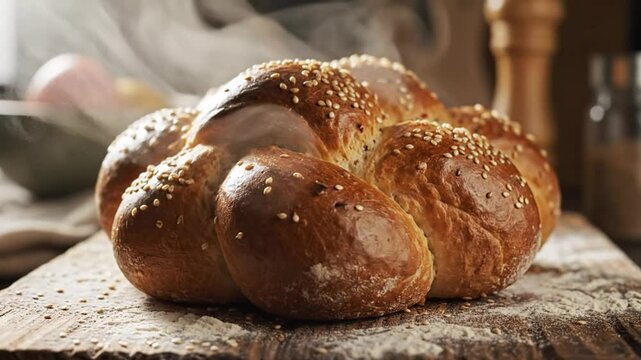 Freshly Baked Braided Challah Bread with Sesame Seeds, Displayed on a Rustic Wooden Surface