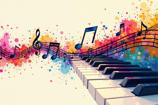 Abstract continuous line sketch of music notes gracefully intertwined with a piano's keys , art, elegant