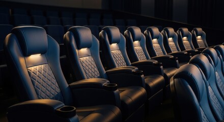 Fototapeta premium Rows of Upscale Navy Blue Cinema Seats with Integrated Lighting and Cup Holders in a Dark Auditorium