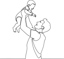 Fototapeta premium Continuous line drawing captures a joyful father playfully lifting his baby high into the air, illustrating a beautiful moment of paternal love, happiness, and bonding.