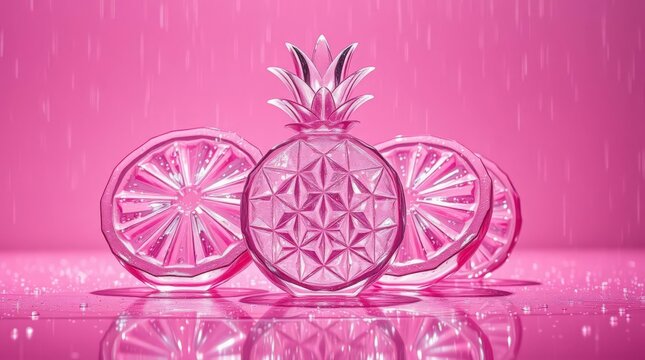 glossy pink pineapple slices on wet surface