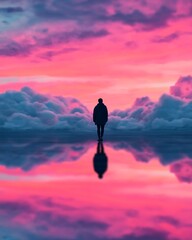 Fototapeta premium A solitary figure stands reflected on a glossy surface beneath vibrant pink and purple clouds at sunset, evoking a serene and surreal atmosphere.