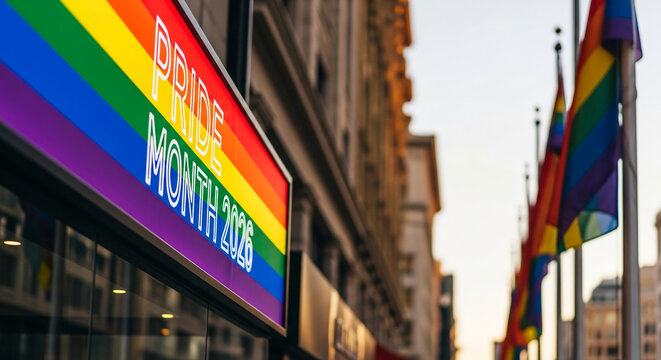 Image of a rainbow colored sign reading Pride Month 2026. Flags in same color wave in background, representative of LGBTQ+ rights and community