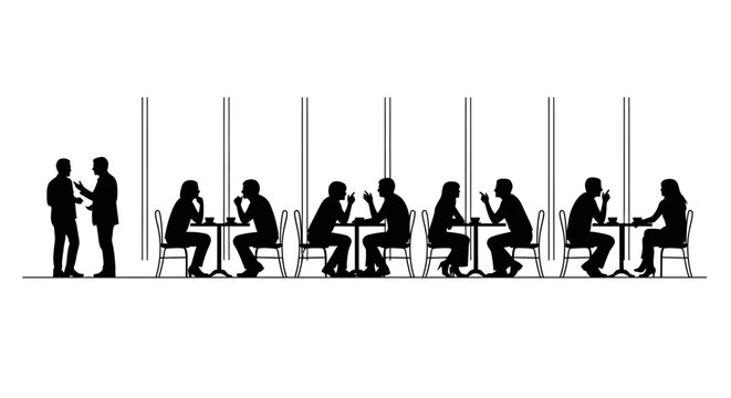 People silhouettes sitting at cafe tables and standing talking