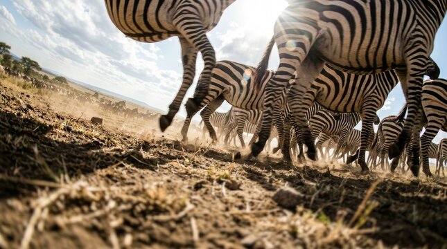 Low-angle view of zebras running across a dusty savanna under a cloudy sky.