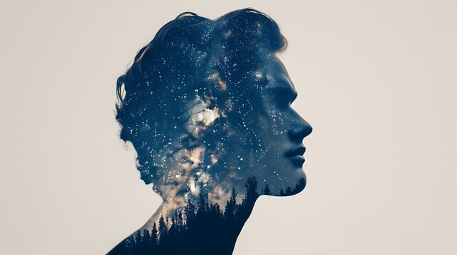 A double-exposure image blending a silhouette of a man's profile with a starry night sky and a forest landscape.