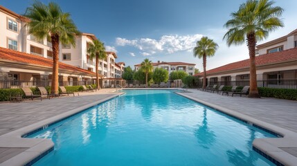Fototapeta premium Serene Luxury Poolside Scene at a Modern Apartment Complex Surrounded by Lush Palm Trees and Clear Blue Sky for Relaxation and Leisure
