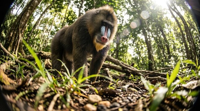 Mandrill in a lush, sun-dappled forest