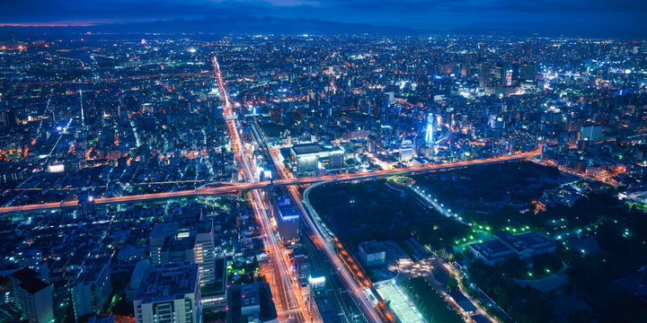 Osaka city skyline - asia modern business city, cityscape birds eye view at night, shot in Abeno harukas, Osaka, Japan.