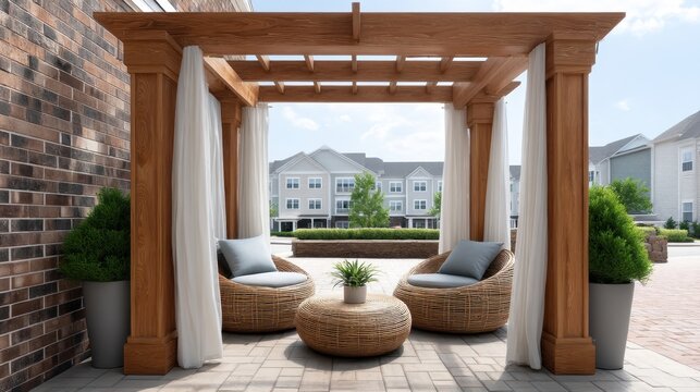 Cozy Outdoor Seating Area with Stylish Wicker Chairs and a Modern Wooden Pergola Surrounded by Lush Greenery in a Sunny Urban Setting