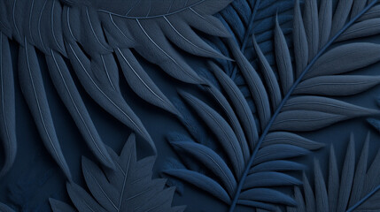 Obraz premium Dark Navy Blue Tropical Leaves Embossed Paper Texture Background