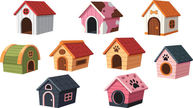 Cute pet house and dog kennel cartoon set vector illustration collection