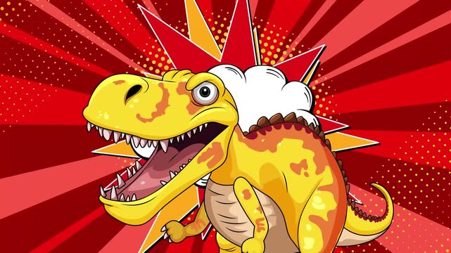 Animated cartoon yellow tyrannosaurus rex on comic style red sunburst background with dynamic motion effects.