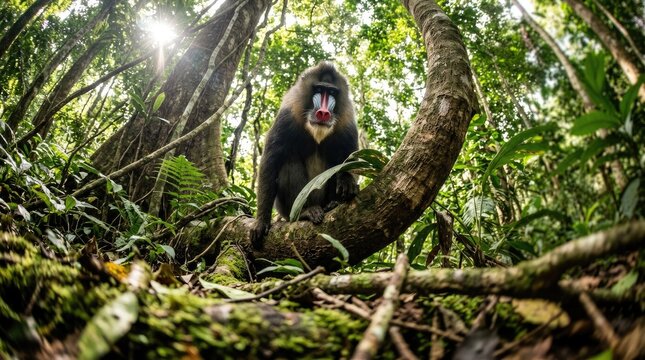 Mandrill monkey sitting on a tree branch in a lush rainforest, bathed in sunlight