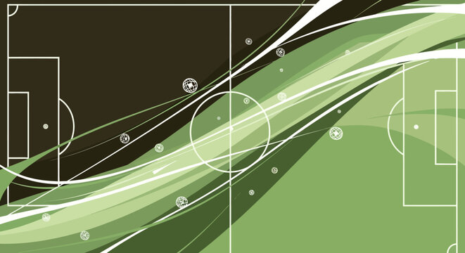 Flat vector background for world cup football poster, abstract football field shapes, dynamic lines, global sports theme, green and brown color palette, minimal modern style, no text, high-quality vec