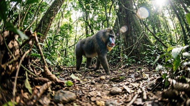Mandrill walking in a lush, sun-dappled rainforest