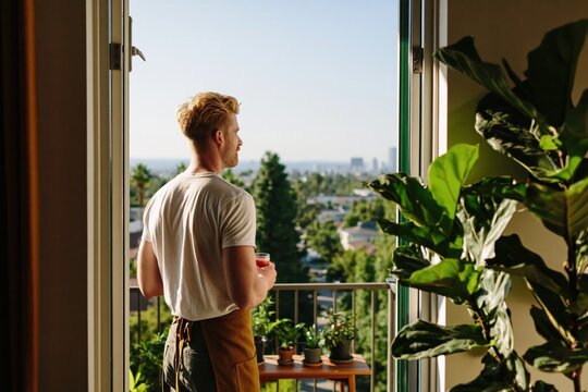 Young man in white t shirt stands by open balcony window looking at city view with large indoor plant in foreground. High quality photo