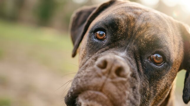 Close-up portrait of a brown boxer dog's face with sunlight glinting in its eyes