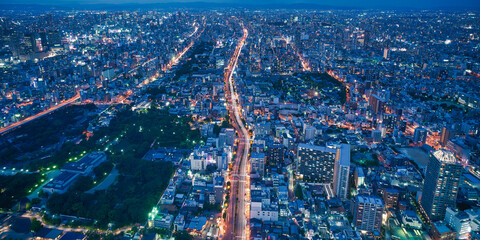 Obraz premium Osaka city skyline - asia modern business city, cityscape birds eye view at night, shot in Abeno harukas, Osaka, Japan.