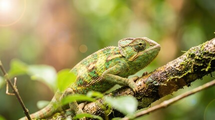 Obraz premium Chameleon perched on a mossy tree branch in soft sunlight