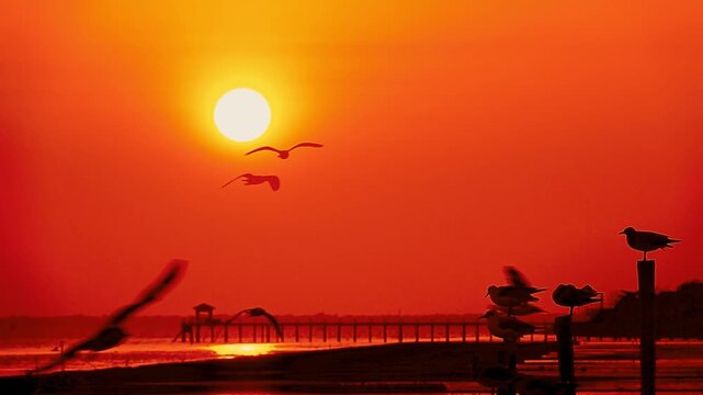 Seagulls fly and perch in ultra slow motion at 240 fps against a vivid orange sunset, with a long pier on the horizon and shimmering water, capturing calm coastal atmosphere and cinematic detail.