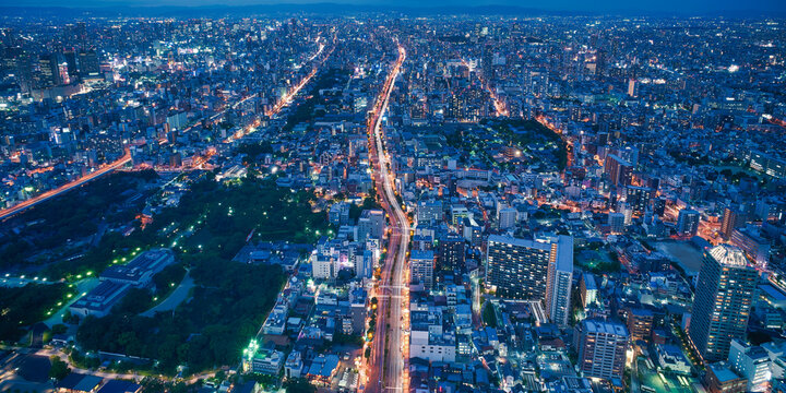 Osaka city skyline - asia modern business city, cityscape birds eye view at night, shot in Abeno harukas, Osaka, Japan.