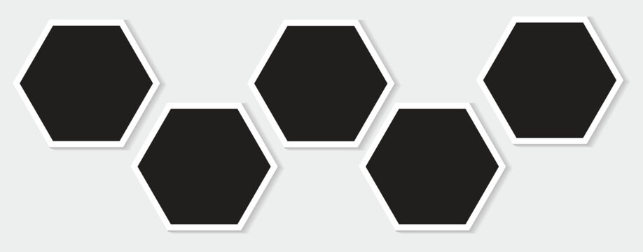 5 Polygon photo frames template of hexagon shapes in a creative layout. Used as a printable photo collage or a blank mock up for album pictures or photographs collection in a classic old style.